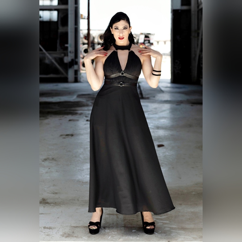 Women's Weasel Wear Black Meggy Riched Harness Romper Gown Dress, Size XL